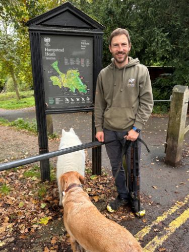 Roland walking a dog in Hampstead Heath